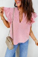 Load image into Gallery viewer, Women's Red Stripe Frilly Split Neck Double Ruffled Short Sleeve Blouse
