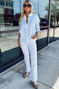 Sky Blue Stripe Roll-up Tab Sleeve Button-up Shirt