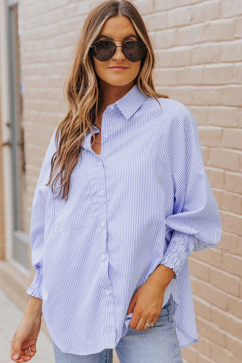 Sky Blue Smocked Boyfriend Shirt With Pockets – Callie Kay's