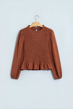 Load image into Gallery viewer, Coffee Smocked Ruffle Long Sleeve Blouse

