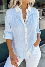 Load image into Gallery viewer, Sky Blue Stripe Roll-up Tab Sleeve Button-up Shirt
