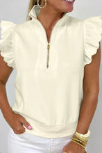 Load image into Gallery viewer, Beige Zipped up Collared Ruffled Short Sleeve Blouse
