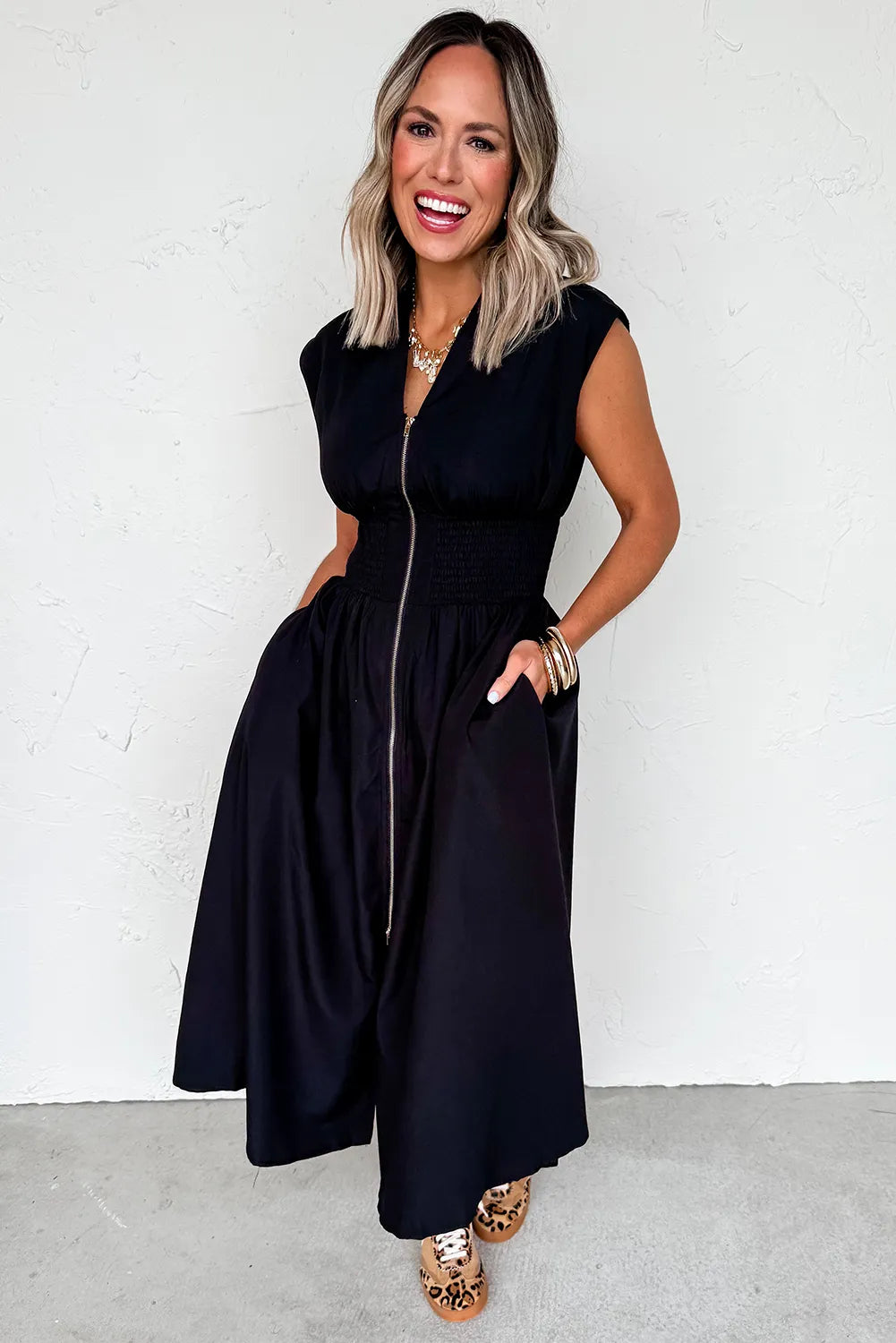 black dress zipper front Sleeveless Zip V-neck Maxi Crafted from a blend pretty EMILIA|Plus Size Sequin Color:Canary size