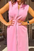 Load image into Gallery viewer, Pink V Neck Sleeveless Double Zip Shift Midi Dress

