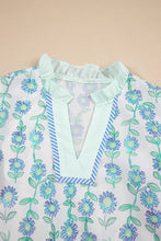 Load image into Gallery viewer, Green Floral Print Stripe-Detailed Contrast V-Neck Blouse
