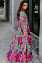 Load image into Gallery viewer, Multicolor Fiery Floral Print Frilled V Neck Short Sleeve Maxi Dress
