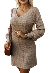 Beige Textured Knit V-Neck Bishop Sleeve Sweater Dress