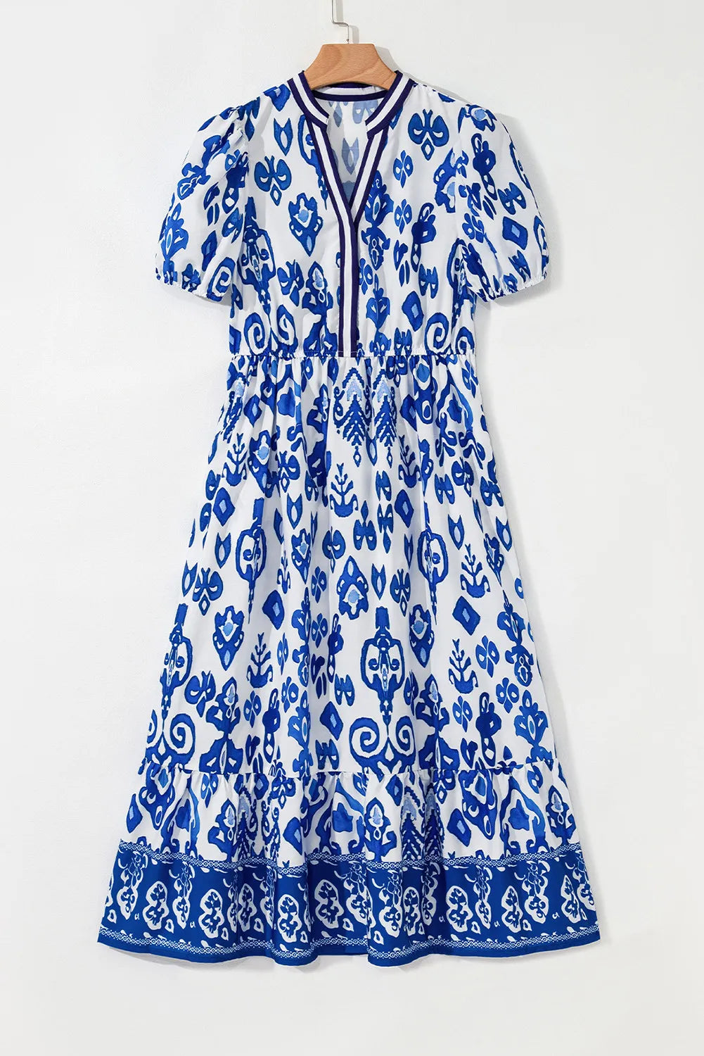 Blue Floral Puff Sleeve V-neck Maxi Dress