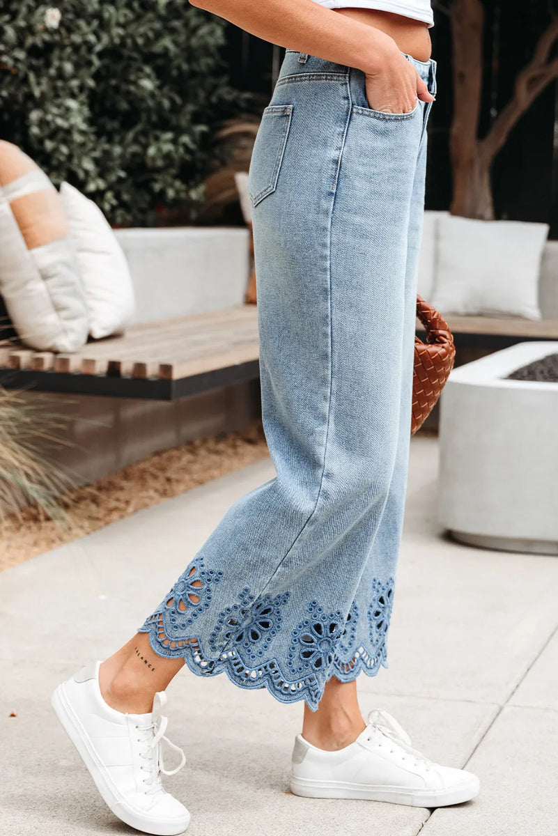Dusk Blue Embroidered Cropped Wide Leg High-Rise Jeans – Callie Kay's