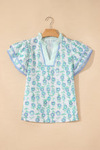 Load image into Gallery viewer, Green Floral Print Stripe-Detailed Contrast V-Neck Blouse
