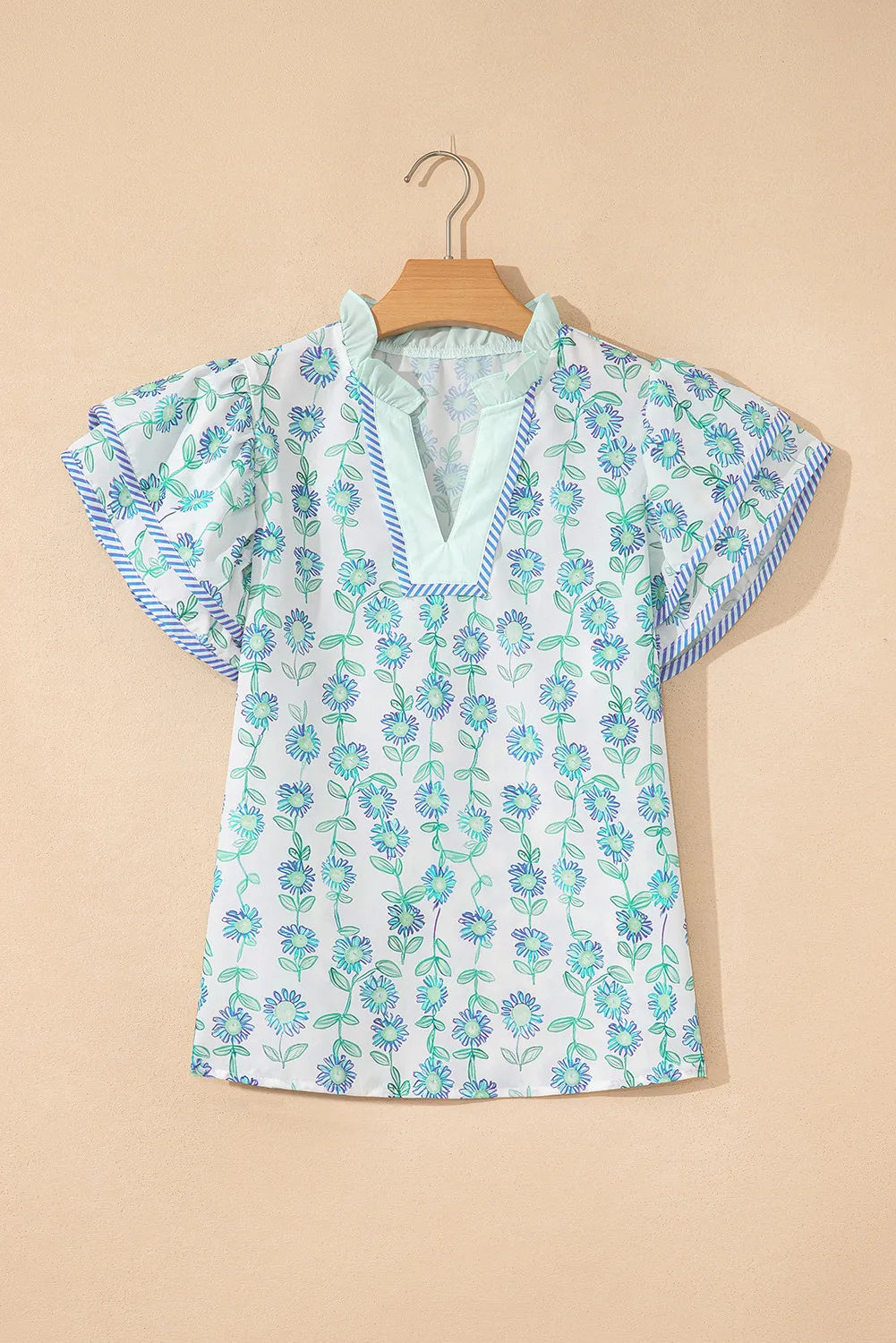 Green Floral Print Stripe-Detailed Contrast V-Neck Blouse