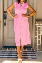 Load image into Gallery viewer, Pink V Neck Sleeveless Double Zip Shift Midi Dress
