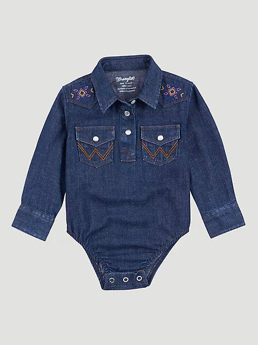 Baby Girl's Embroidered Yoke Blue Denim Bodysuit