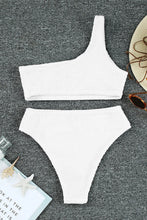 Load image into Gallery viewer, White Crinkle Textured Asymmetric One Shoulder Bikini Swimsuit

