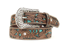 Load image into Gallery viewer, Ariat Women&#39;s Brown Tooled with Turquoise Inlay and Silver Buckle Leather Belt
