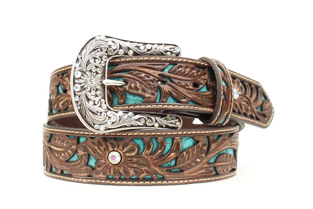 Ariat Women's Brown Tooled with Turquoise Inlay and Silver Buckle Leather Belt