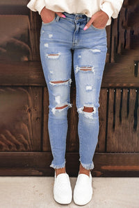 Women's Light Blue Washed Ripped Jeans