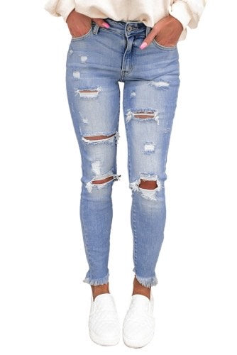 Women's Light Blue Washed Ripped Jeans