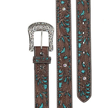 Load image into Gallery viewer, Ariat Women&#39;s Brown Tooled with Turquoise Inlay and Silver Buckle Leather Belt
