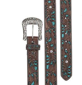 Ariat Women's Brown Tooled with Turquoise Inlay and Silver Buckle Leather Belt