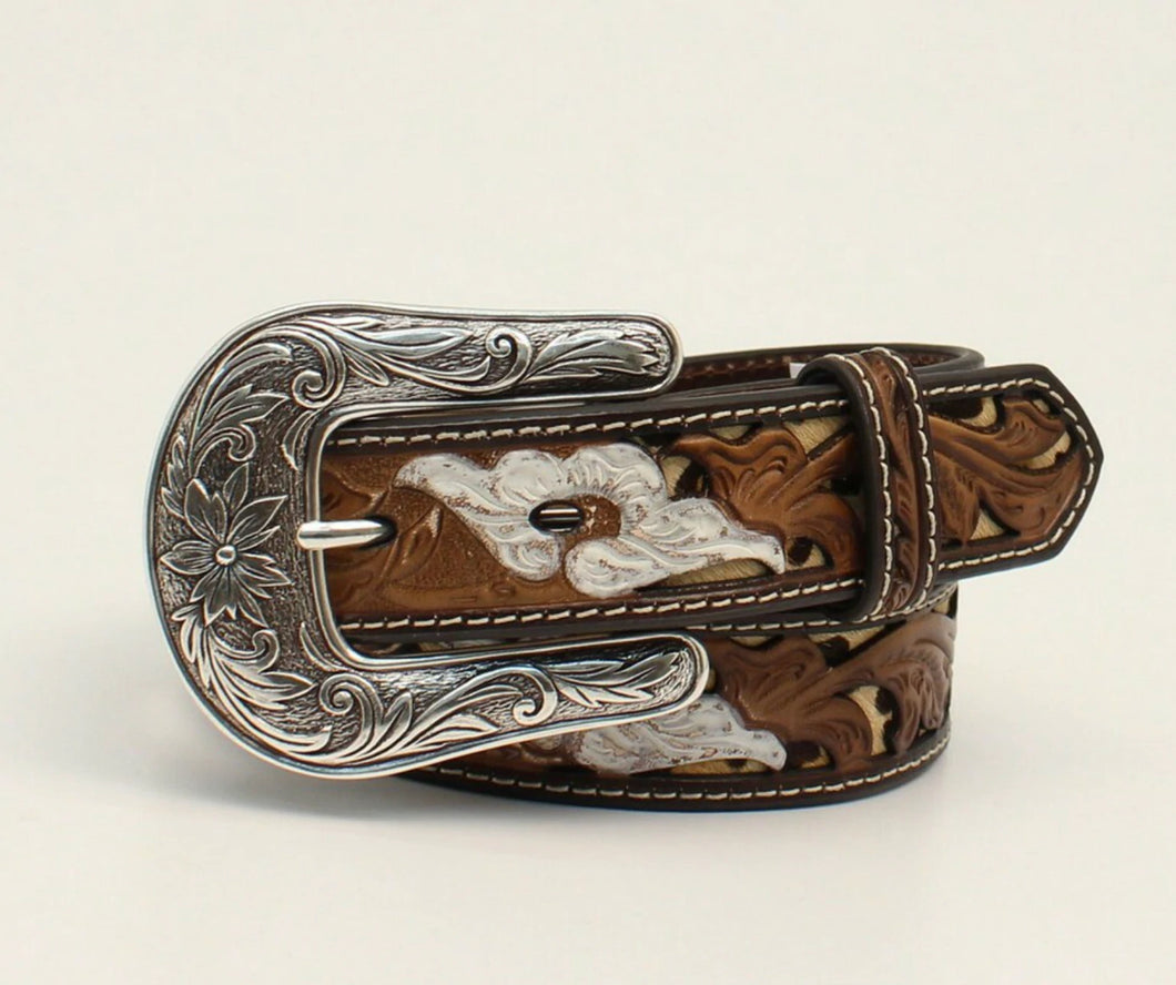 Nocona Women's Tooled Leather White Flowers with Leopard Print Inlay Silver Buckle Belt