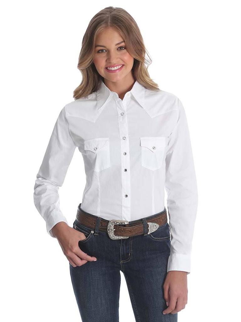 Wrangler® Long Sleeve One Point Front And Back Yokes Solid Top In White