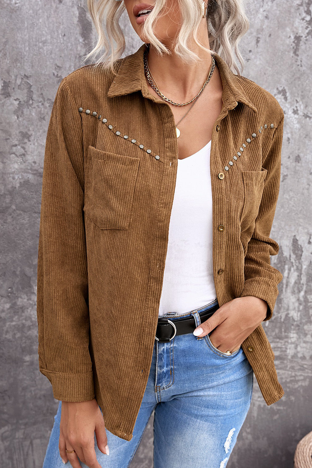 Beige Rivet Corduroy Buttoned Long Sleeve Shirt with Pockets