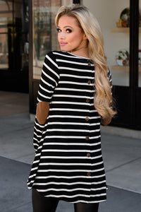 Ladies Black Striped Button Back Tunic Top with Elbow Patch