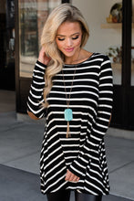 Load image into Gallery viewer, Ladies Black Striped Button Back Tunic Top with Elbow Patch
