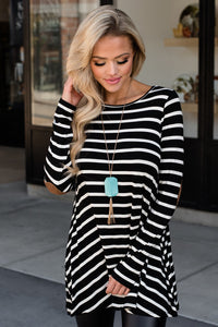 Ladies Black Striped Button Back Tunic Top with Elbow Patch