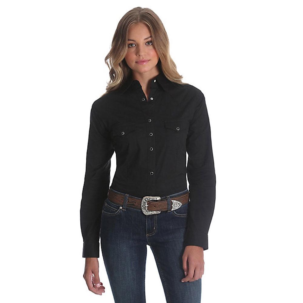 Wrangler® Long Sleeve One Point Front And Back Yokes Solid Top In Black